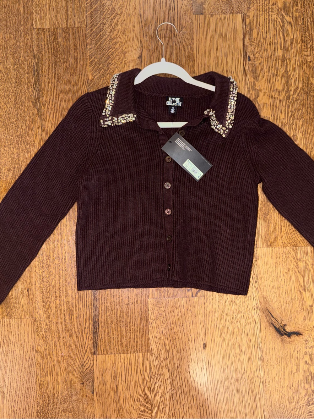 Embellished Collar Ribbed Cardigan Sweater - Brown